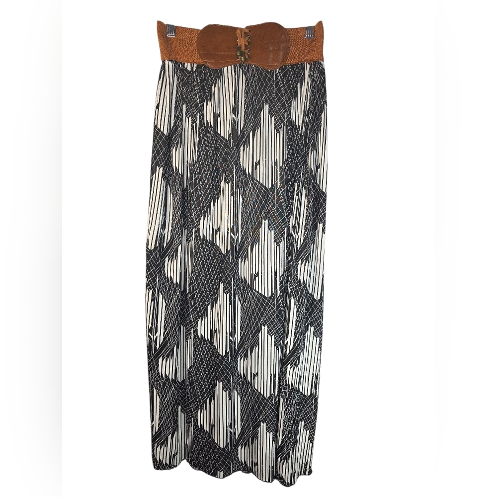 Jon and Anna Maxi Skirt Small Black & White Geometric Print w/Brown Corset Waist